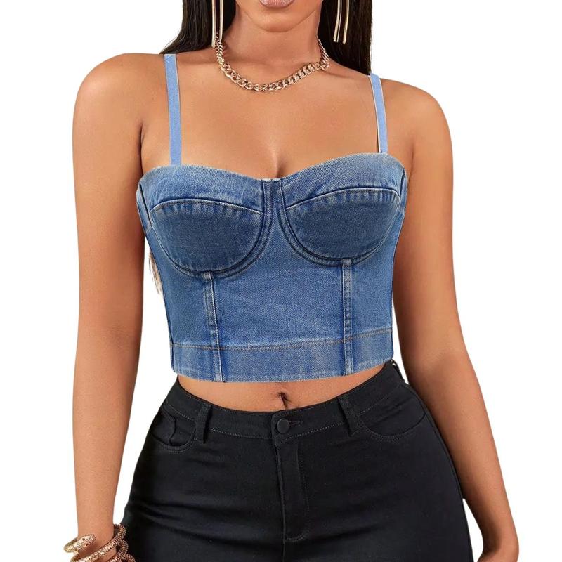 Cropped Top Bustier Jeans Com Bojo e Alça Casual Luxo Premium Azul